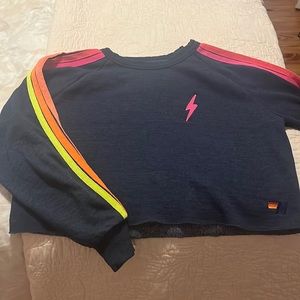 Aviator Nation Navy Blue Cropped Sweatshirt with Neon Stripes